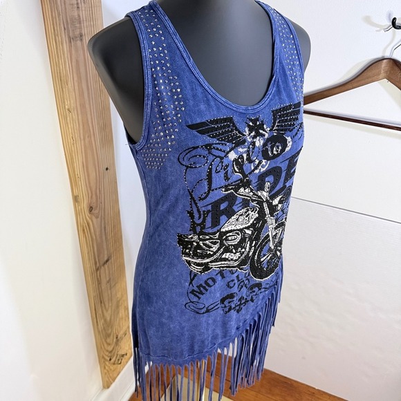 Vocal Blue Studded Fringe Tank Dress Live to Ride Motorcycle Graphic Size L USA - Picture 3 of 12